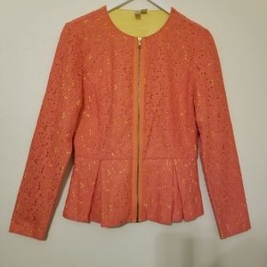 Coral Orange Lace Peplum Zip Blazer Jacket